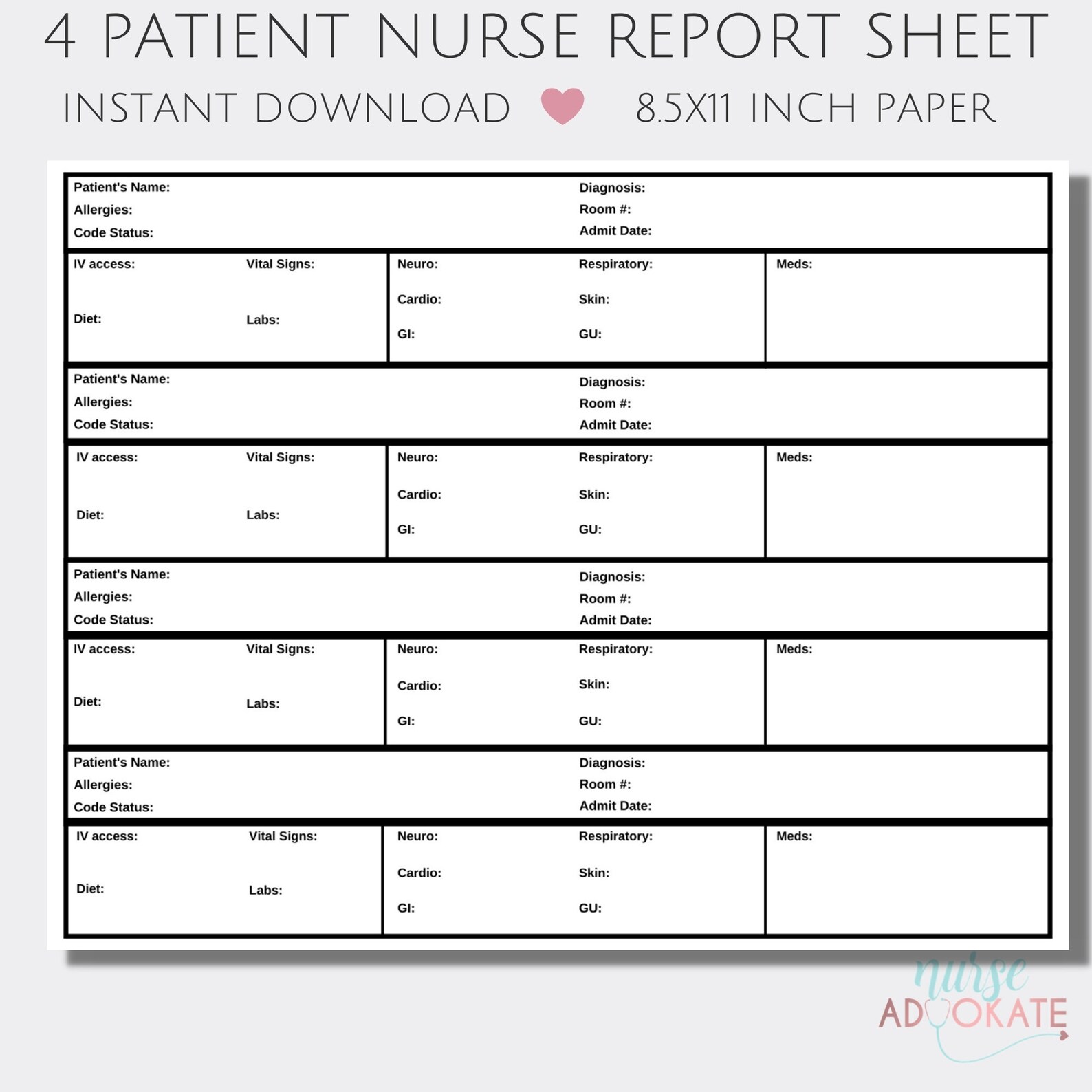 Four Patient Nurse Report Sheet template. SBAR RN Handoff. | Etsy