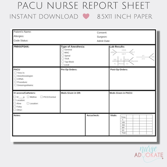 PACU Nurse Single Patient Report Sheet Template. SBAR Nurse Etsy