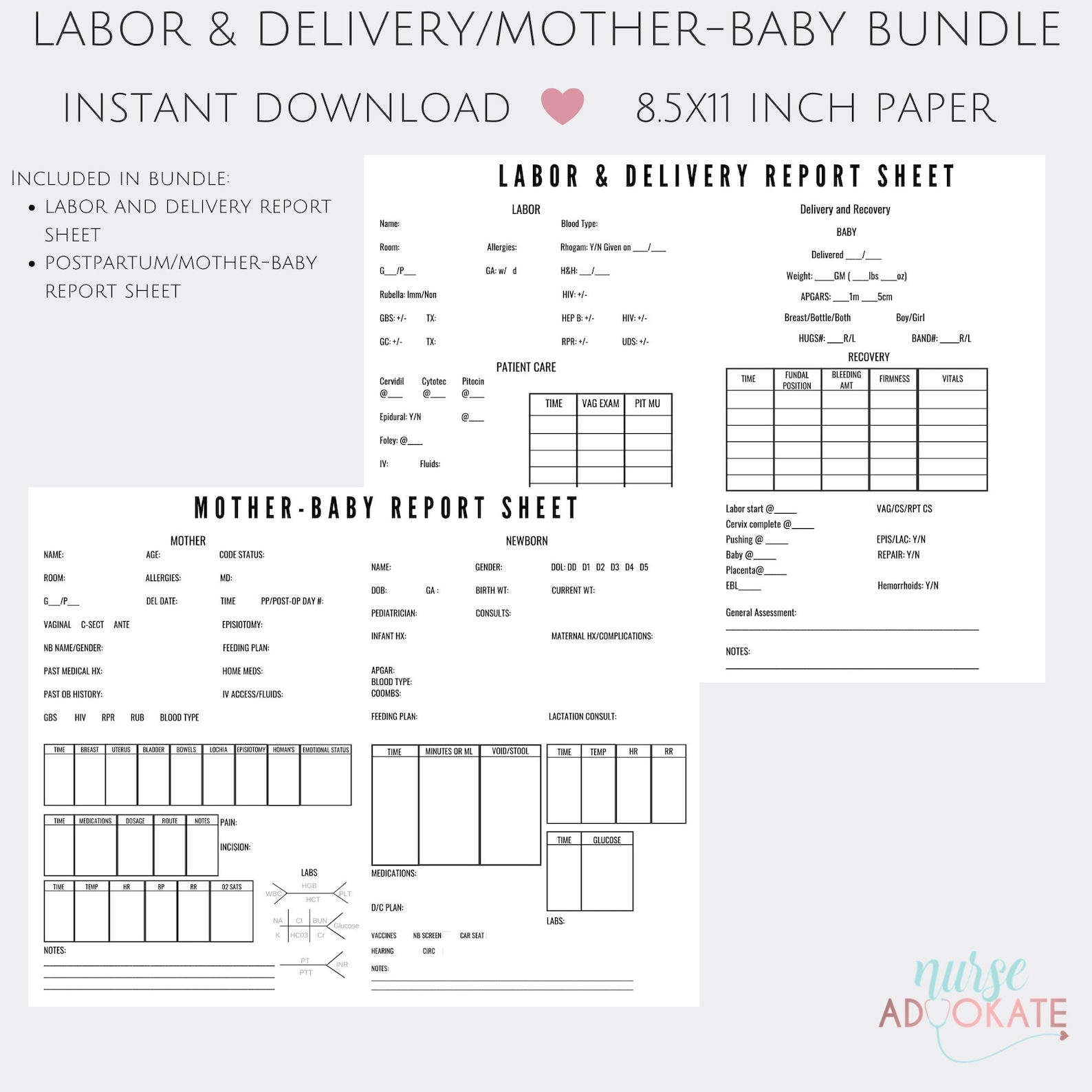 Labor and Delivery and MotherBaby RN Report Sheet template Etsy