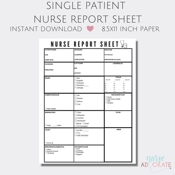 Single Patient Nurse Report Sheet Template. SBAR Handoff. Simple Full  Patient Assessment. Med Surg Brain Sheet. Nursing Student Report PDF. -   Canada