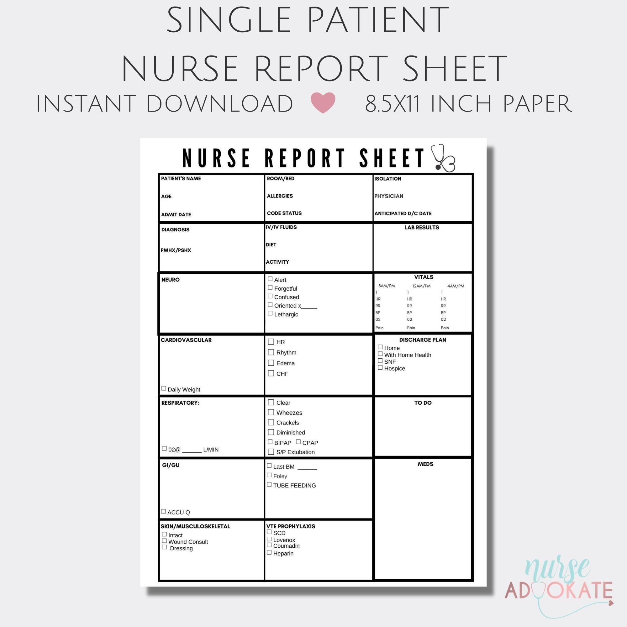 Single Patient Nurse Report Sheet Template. SBAR Handoff.  Etsy In Charge Nurse Report Sheet Template