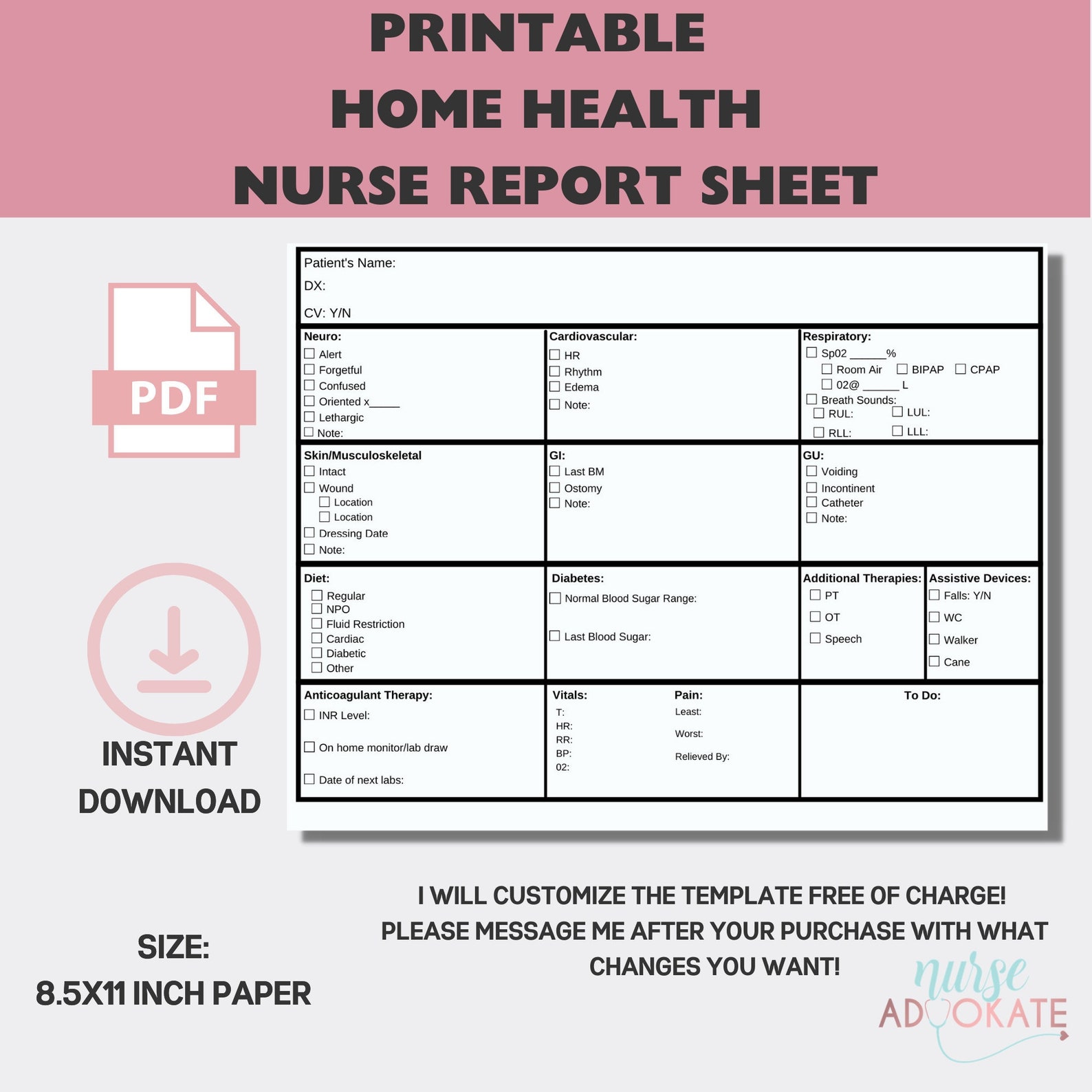 Home Health Nurse Single Patient Report Sheet. in Home Nursing
