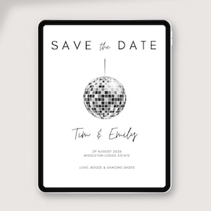 Wedding invite, save the date template, digital file, disco ball wedding template, editable wedding templates, disco themed invite