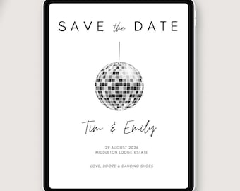 Save-the-Date-Vorlage mit Discokugel, Retro-Boogie-Thema (Digitaler Download)
