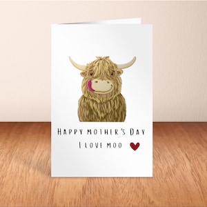 Moederdagkaart, highland cow-kaart, grappige Moederdagkaart, I love moo, kaart voor mama