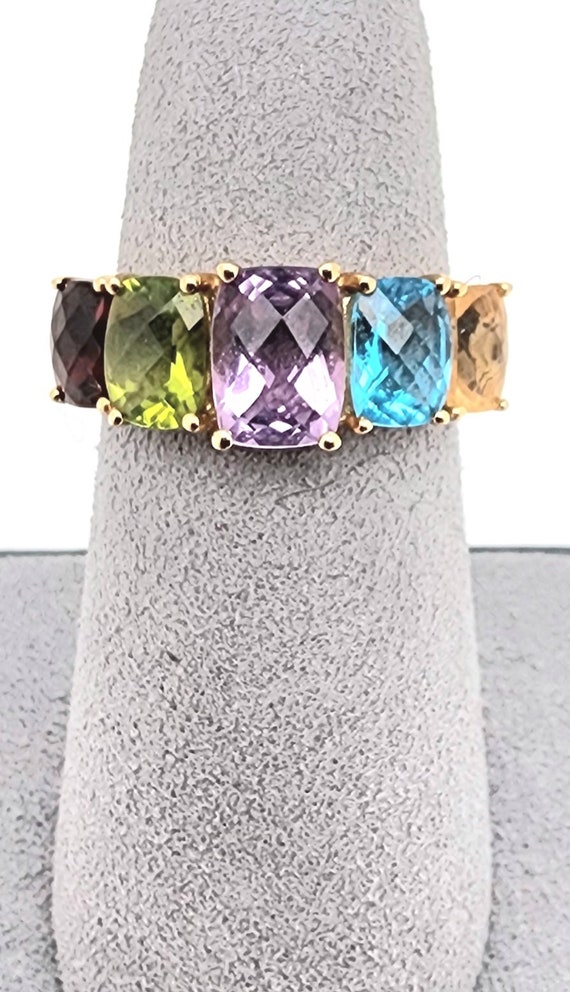 14k Gold Multicolor Cushion Gemstone Ring Size-6.5 - image 4