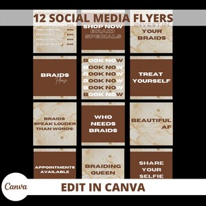 May include: Twelve social media flyers for a braiding salon. The flyers feature a brown and white marble background with text in white and brown. The text includes "Braids Please", "Book Now", "Treat Yourself", "Who Needs Braids", "Beautiful AF", "Braiding Queen", "Share Your Selfie", and "Appointments Available".