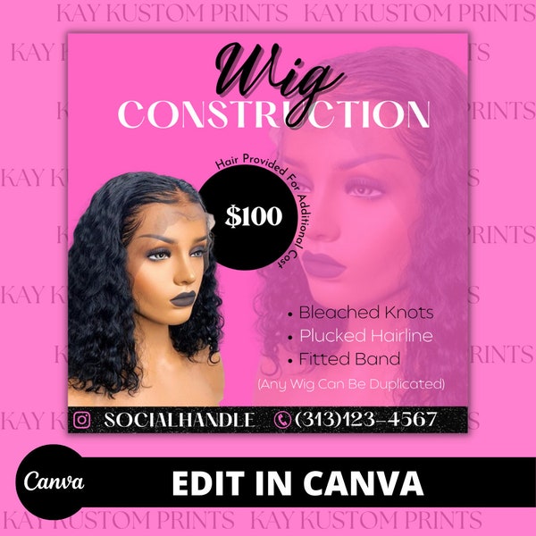 Editable Wig Construction Social Media Flyer | Canva Template | Flyer Hair Stylist | Hair Sale Flyer Wig Flyer- INSTANT DOWNLOAD