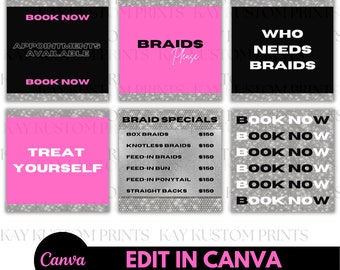Folleto de redes sociales de trenzas/ Folleto de cabello DIY/ Folleto de trenzas de cabello/ Plantilla de volante de trenzas sin nudos/ contenido de trenzas/ Lista de precios de trenzas/ Cotizaciones de cabello