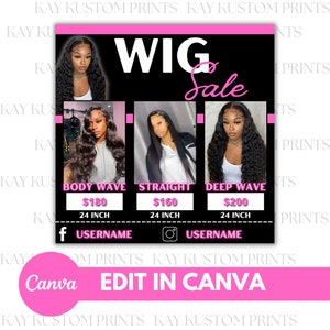 Può includere: Una grafica rosa e nera con il testo "WIG Sale" e tre immagini di donne che indossano diversi stili di parrucche. Il testo sotto ogni immagine recita "Body Wave 180 € 24 pollici", "Straight 160 € 24 pollici" e "Deep Wave 200 € 24 pollici". Il testo in fondo alla grafica recita "f USERNAME" e "USERNAME".