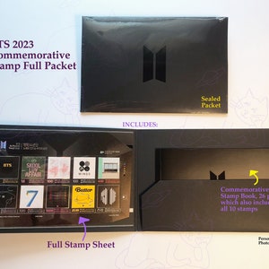 May include: A black folder with the text "BTS 2023 Commemorative Stamp Full Packet" and the BTS logo. The folder is open to reveal a full sheet of stamps featuring different BTS album covers and a smaller folder with the text "Commemorative Stamp Book, 26 pages which also includes all 10 stamps".