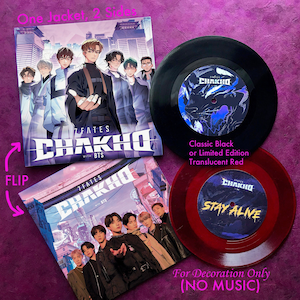 May include: Two 7Fates: CHAKHO with BTS vinyl records. The black record has a graphic of a wolf-like creature. The red record has the text "STAY ALIVE".