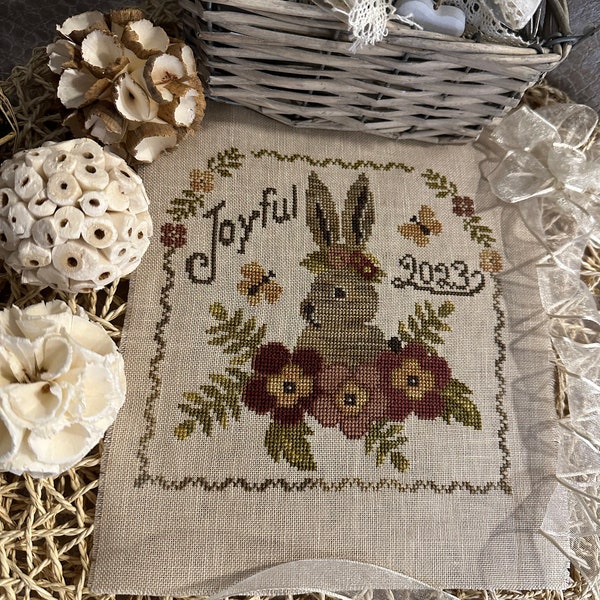 Design "Joyful", instant downloaded PDF file,  size 101x99 stitches, Easter bunny and symbol 2023 , Victoria House Designs