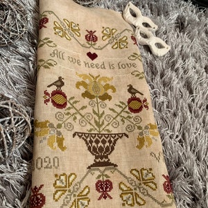 Sampler -All we need is love. Instant downloaded PDF cross stitch pattern. Victoria House Design.
