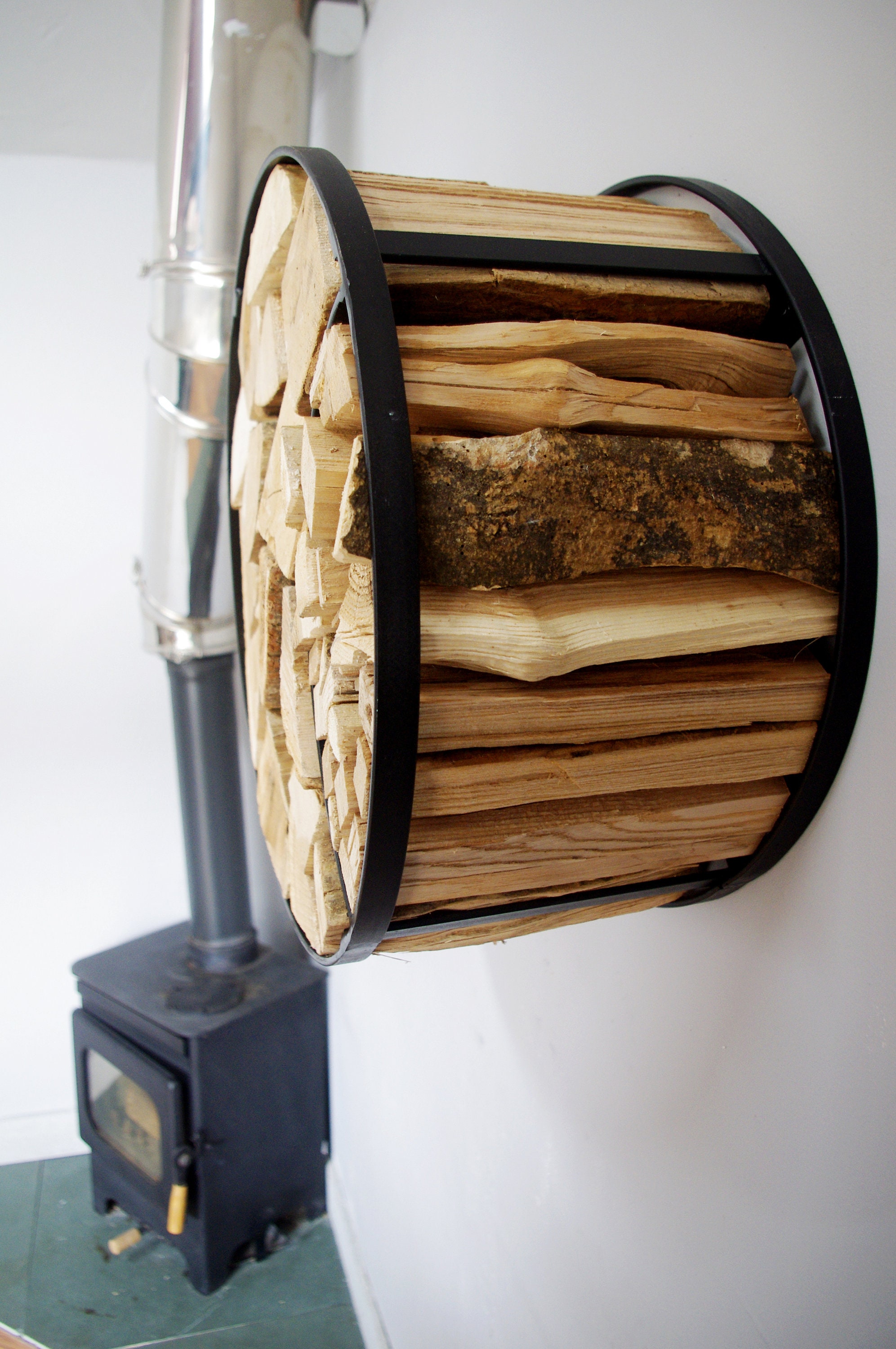 Log and Kindling Holder Wall Mounted Round Log Holder Oval Firewood Holder Wall Hung Firewood