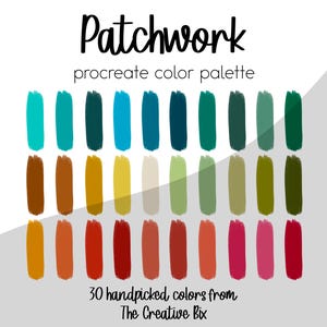 May include: A digital color palette titled Patchwork procreate color palette featuring 30 vertical brush strokes in various shades of blue, green, yellow, brown, orange, red, and pink, with the text 30 handpicked colors from The Creative Bix.
