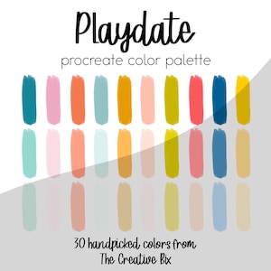 May include: A Procreate color palette titled "Playdate" featuring 30 handpicked colors. The palette includes a variety of pastel and vibrant hues, arranged in vertical brushstroke-like shapes. The text "Playdate" is written in a playful, handwritten font.