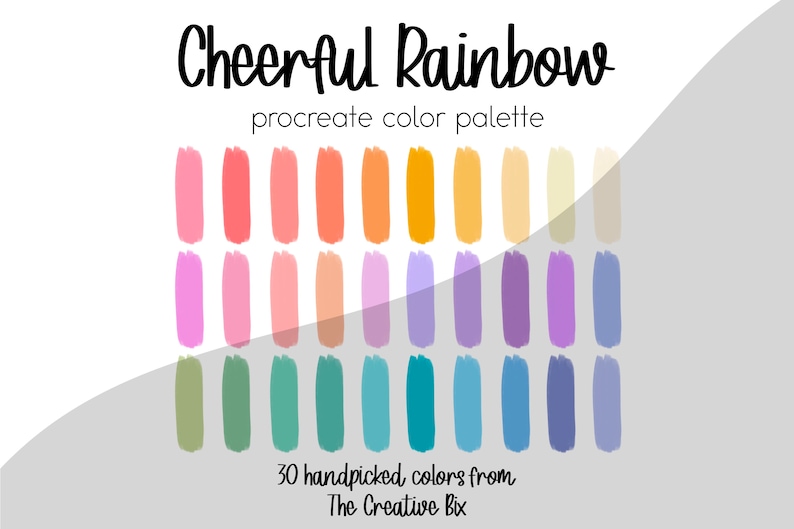 May include: A color palette titled "Cheerful Rainbow" with 30 handpicked colors. The palette features vertical brush strokes in various shades of pink, orange, yellow, green, blue, and purple. Text at the bottom reads "30 handpicked colors from The Creative Bix."