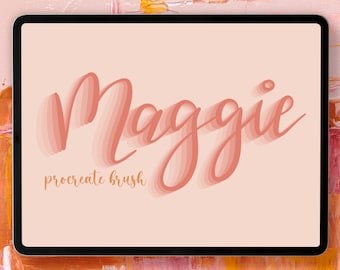 May include: A digital illustration of the word "Maggie" in a layered, pink and orange brush font. The text is on a light pink background and the words "procreate brush" are written below the word "Maggie".