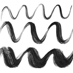 May include: Three black wavy lines drawn with a brush on a white background. The lines are thick and have a textured appearance.