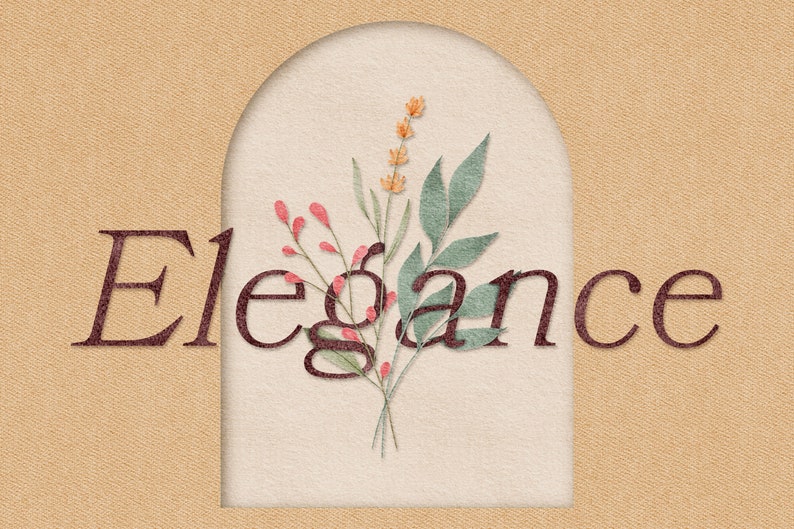 Op de afbeelding: Een aquarel-illustratie van een bloemstuk met roze en gele bloemen en groene bladeren. Het woord "Elegance" is in bruine tekst over de bloemen geschreven.