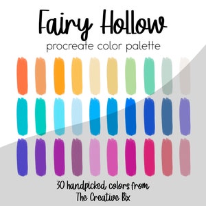 Könnte beinhalten: Eine digitale Farbpalette für Procreate namens "Fairy Hollow" mit 30 handverlesenen Farben. Die Farben sind in Reihen von 10 angeordnet, mit einem Farbverlauf von Orange zu Gelb, dann von Blau zu Lila.