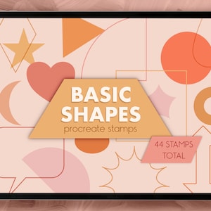 Puede incluir: La pantalla de una tableta digital muestra un conjunto de 44 sellos Procreate de formas básicas. Las formas están delineadas en negro y rellenas con varios tonos de naranja, rosa y amarillo. El texto "BASIC SHAPES" se muestra en blanco sobre un fondo amarillo. El texto "procreate stamps" se muestra en negro debajo del título. El texto "44 STAMPS TOTAL" se muestra en blanco sobre un fondo rosa.