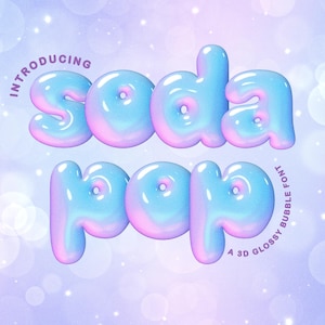 Puede incluir: Un dise&ntilde;o de fuente de burbujas 3D brillante con las palabras "soda pop" en letras grandes, redondeadas, azules y rosas. Las palabras "introducing" y "a 3D glossy bubble font" tambi&eacute;n est&aacute;n incluidas en el dise&ntilde;o. El fondo es un color pastel suave y borroso.