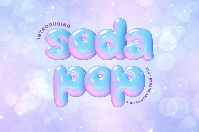 Puede incluir: Un dise&ntilde;o de fuente de burbujas 3D brillante con las palabras "soda pop" en letras grandes, redondeadas, azules y rosas. Las palabras "introducing" y "a 3D glossy bubble font" tambi&eacute;n est&aacute;n incluidas en el dise&ntilde;o. El fondo es un color pastel suave y borroso.