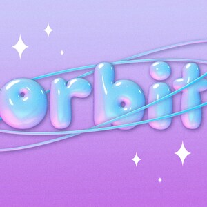 Puede incluir: Una representaci&oacute;n 3D de la palabra "orbit" en una fuente con forma de burbuja, con un degradado de tonos azules y rosas. La palabra est&aacute; rodeada por dos l&iacute;neas curvas, con destellos en forma de estrella sobre un fondo p&uacute;rpura.