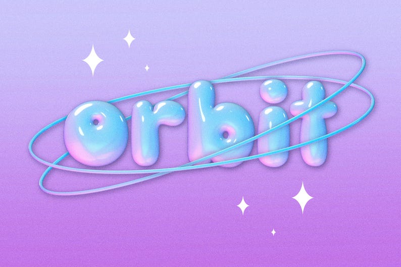Puede incluir: Una representaci&oacute;n 3D de la palabra "orbit" en una fuente con forma de burbuja, con un degradado de tonos azules y rosas. La palabra est&aacute; rodeada por dos l&iacute;neas curvas, con destellos en forma de estrella sobre un fondo p&uacute;rpura.