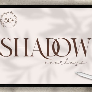 May include: A digital illustration of the word "SHADOW" in brown text with the words "overlays" in cursive script below. A circle with the text "Elegant stamps for creative projects 50+" is in the top left corner.