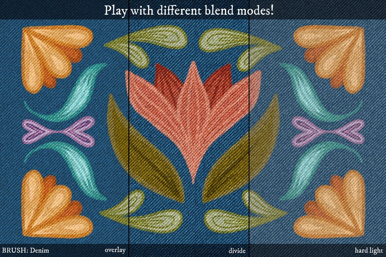 Op de afbeelding: Een digitale illustratie van een bloemenontwerp met een denimtextuur. De afbeelding toont drie verschillende mengmodi: overvloeien, verdelen en hard licht. De tekst "Speel met verschillende mengmodi!" staat bovenaan de afbeelding.