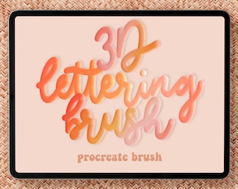 May include: A digital illustration of a Procreate brush for creating 3D lettering. The text "3D lettering brush" is written in a stylized, 3D font with a gradient of orange, yellow, and pink.