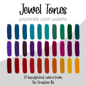Puede incluir: Una paleta de colores digital para Procreate llamada "Jewel Tones" con 30 colores seleccionados a mano de The Creative Box. La paleta incluye tonos de azul, morado, rojo, naranja y amarillo.