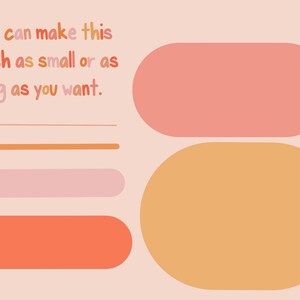 K&ouml;nnte beinhalten: Digitale Kunstgrafik mit dem Text "Du kannst diesen Pinsel so klein oder so gro&szlig; machen, wie du willst." Das Bild zeigt verschiedene Formen in Orange-, Rosa- und Pfirsicht&ouml;nen auf einem hellrosa Hintergrund.