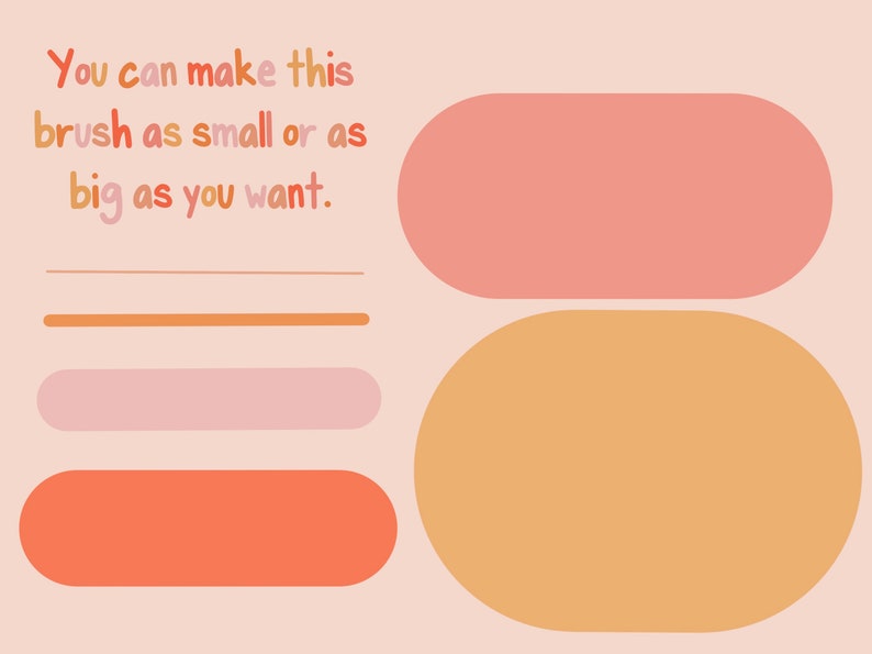K&ouml;nnte beinhalten: Digitale Kunstgrafik mit dem Text "Du kannst diesen Pinsel so klein oder so gro&szlig; machen, wie du willst." Das Bild zeigt verschiedene Formen in Orange-, Rosa- und Pfirsicht&ouml;nen auf einem hellrosa Hintergrund.