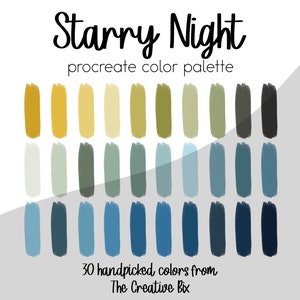 May include: A digital color palette for Procreate called "Starry Night" with 30 handpicked colors in shades of yellow, green, blue, and gray. The palette is designed by The Creative Box.
