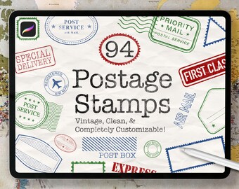 Postage Stamp Brush Stamps, Procreate, Vintage, Instant Digital Download, Geometric, Travel