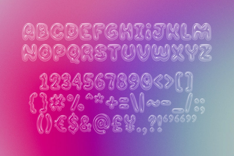 May include: A clear, transparent font set with uppercase letters, numbers, and symbols. The font is bubbly and resembles a balloon.