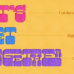 Op de afbeelding: Een vergelijking van twee verschillende soorten stoffen die worden gebruikt voor letters. Het woord "Let's" is uitgesneden uit roze corduroy stof, het woord "Get" is uitgesneden uit blauwe stevige canvas en het woord "Together" is uitgesneden uit paarse corduroy stof. De woorden zijn verticaal gerangschikt, met de corduroy stof bovenaan en de stevige canvas in het midden. Het gecombineerde woord "Let's Get Together" wordt onderaan getoond.