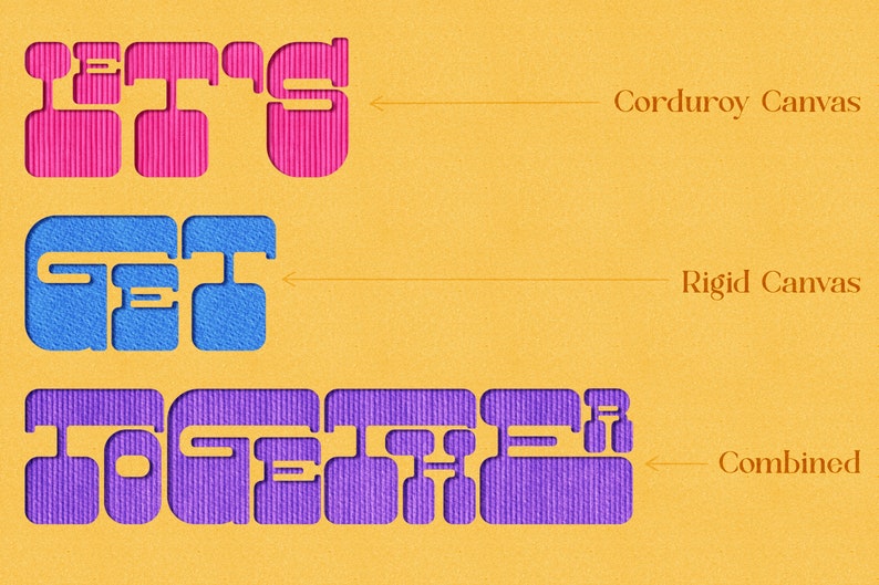 Op de afbeelding: Een vergelijking van twee verschillende soorten stoffen die worden gebruikt voor letters. Het woord "Let's" is uitgesneden uit roze corduroy stof, het woord "Get" is uitgesneden uit blauwe stevige canvas en het woord "Together" is uitgesneden uit paarse corduroy stof. De woorden zijn verticaal gerangschikt, met de corduroy stof bovenaan en de stevige canvas in het midden. Het gecombineerde woord "Let's Get Together" wordt onderaan getoond.