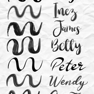 May include: Seven black brushstroke wavy lines with the names Swiftie, Inez, James, Betty, Peter, Wendy, and August written in black cursive script.