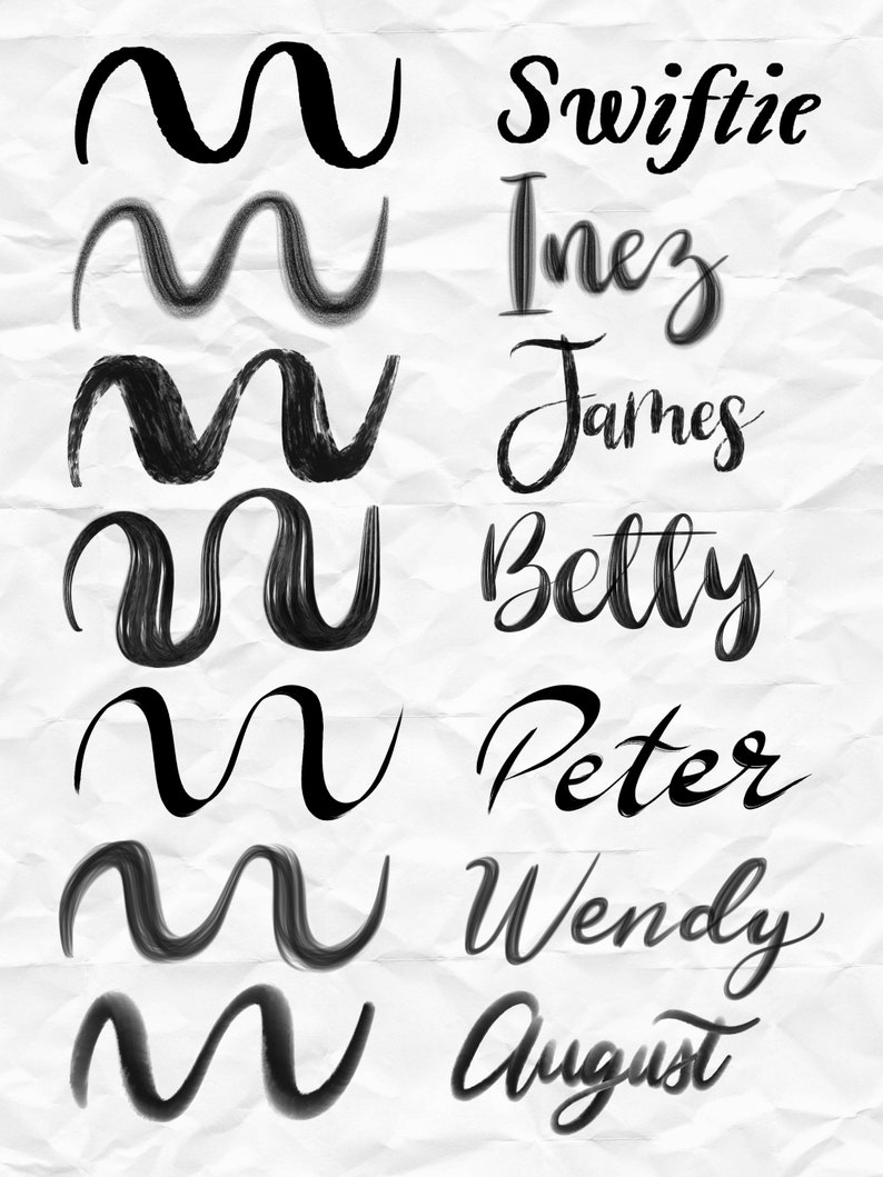 May include: Seven black brushstroke wavy lines with the names Swiftie, Inez, James, Betty, Peter, Wendy, and August written in black cursive script.