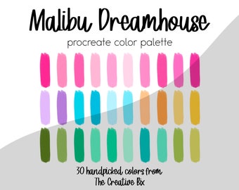 May include: A digital color palette for Procreate called "Malibu Dreamhouse" with 30 handpicked colors. The palette features shades of pink, purple, blue, green, yellow, and orange.