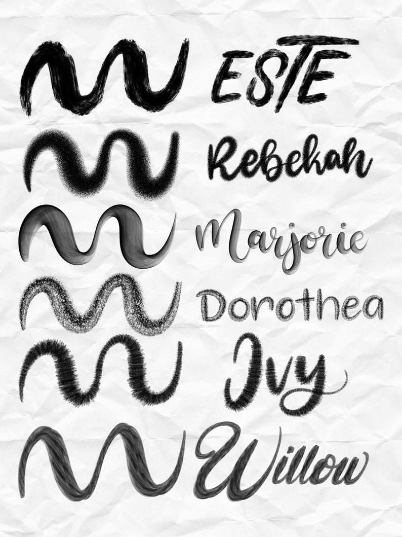 May include: A collection of six black and white wavy lines with different textures, each paired with a name written in a stylized font. The names are Este, Rebekah, Marjorie, Dorothea, Ivy, and Willow.