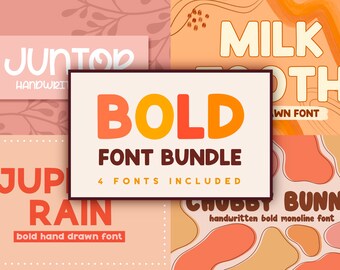 Bold Font Bundle, 4 Hand Drawn Handmade Fonts, Handwritten, Instant Digital Download, Cute Aesthetic Thick Typeface