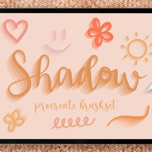 May include: A digital illustration of a tablet screen displaying a set of Procreate brushes for creating shadow effects. The text "Shadow Procreate Brushset" is displayed on the screen. The image includes various shapes and designs with a shadow effect, including a heart, a smiley face, a flower, a sun, and a swirl.