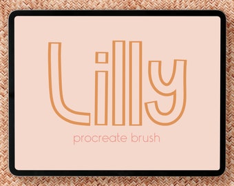 May include: A digital illustration of the word "Lilly" in a bold, orange font on a light pink background. The text "procreate brush" is written below the word "Lilly".
