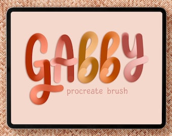 May include: A digital illustration of the word "Gabby" in a colorful, 3D style. The text is on a pink background and the words "procreate brush" are written below the word "Gabby".